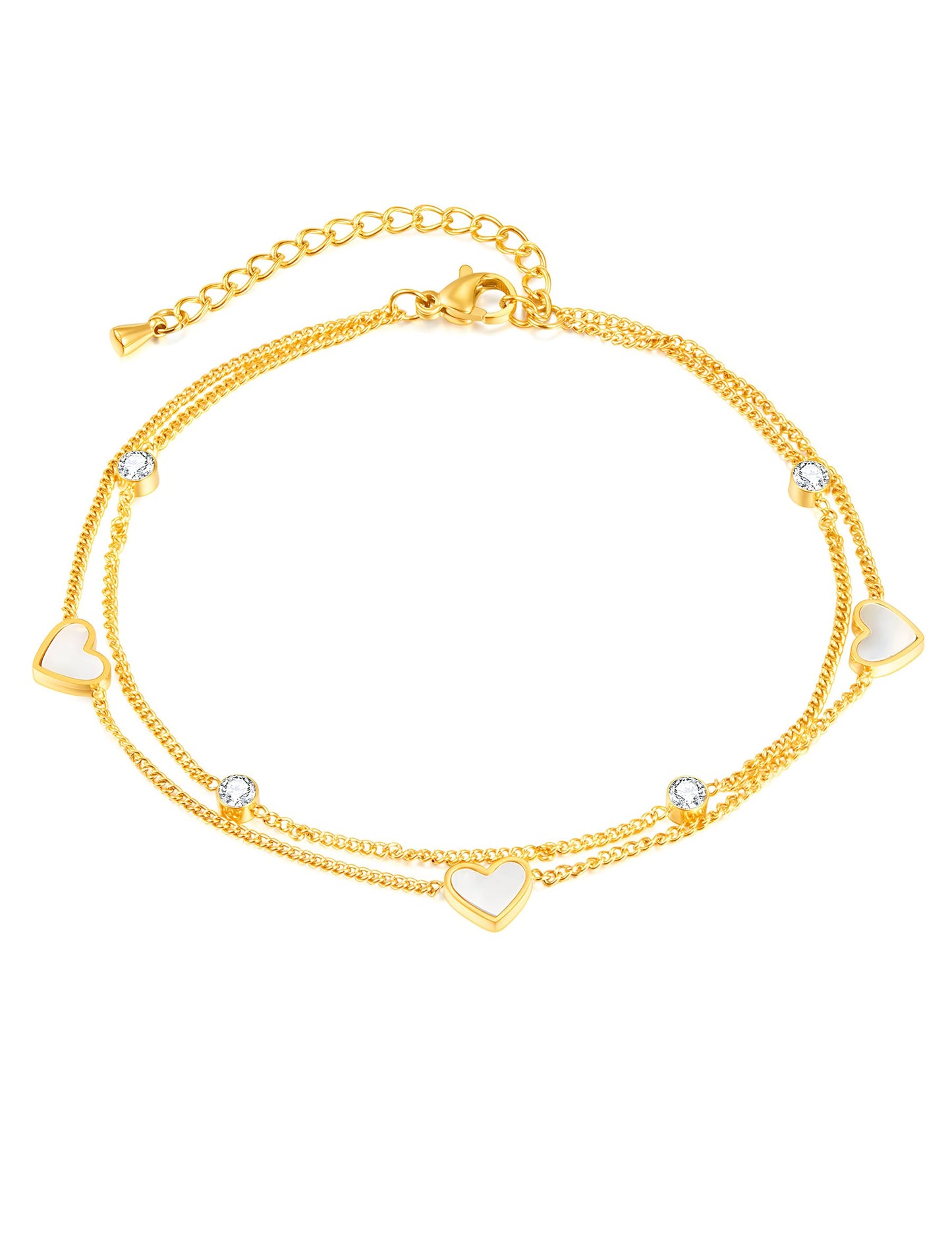 CEYIYA Hearts Anklets for Women - Gold Plated Stainless Steel Ankle Bracelets - Layered Chain Anklets