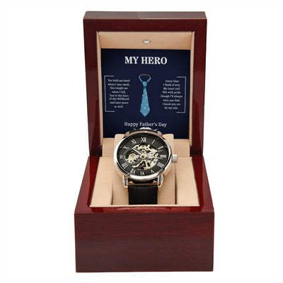 Father’s Day Watch for Dad – “My Hero” Openwork Mechanical Watch, Meaningful Gift from Son or Daughter