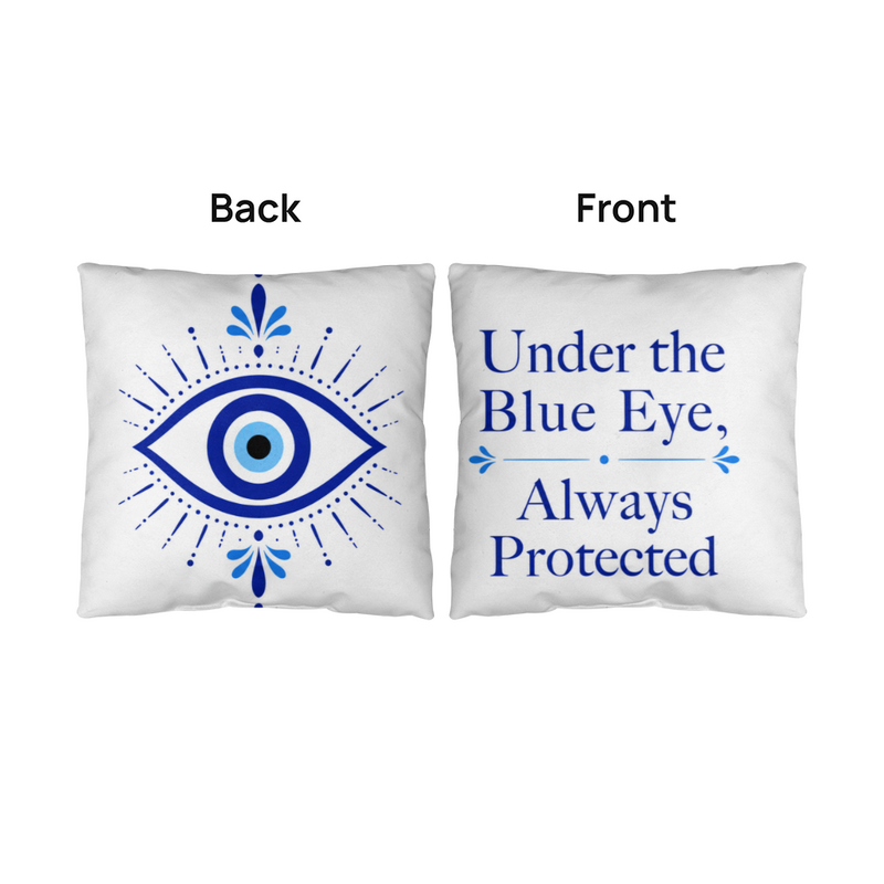 Greek Evil Eye Throw Pillow – “Under the Blue Eye, Always Protected” Good Luck & Protection Home Decor