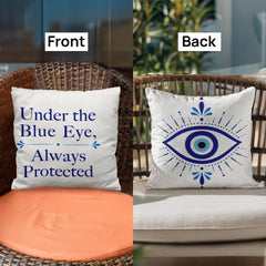 Greek Evil Eye Throw Pillow – “Under the Blue Eye, Always Protected” Good Luck & Protection Home Decor