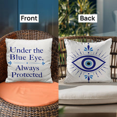 Greek Evil Eye Throw Pillow – “Under the Blue Eye, Always Protected” Good Luck & Protection Home Decor