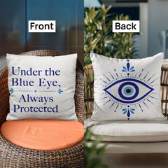 Greek Evil Eye Throw Pillow – “Under the Blue Eye, Always Protected” Good Luck & Protection Home Decor