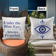 Greek Evil Eye Throw Pillow – “Under the Blue Eye, Always Protected” Good Luck & Protection Home Decor