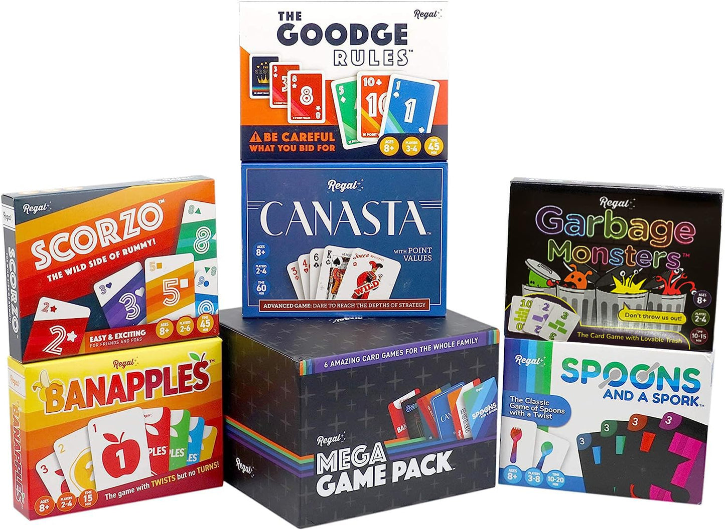 Regal Games Fun Card Games Set for Adults - Canasta Spoons and a Spork Garbage Monsters ScorZo The Goodge Rules and Banapples Decks - Fun & Travel Playing Cards for Family Game Night